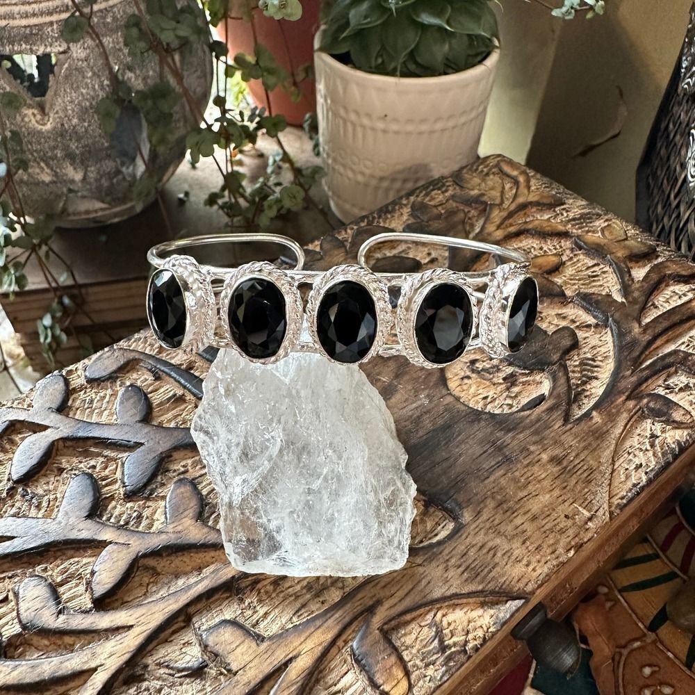 Black Spinel Gemstone Handmade Silver Cuff Bangle Bracelet